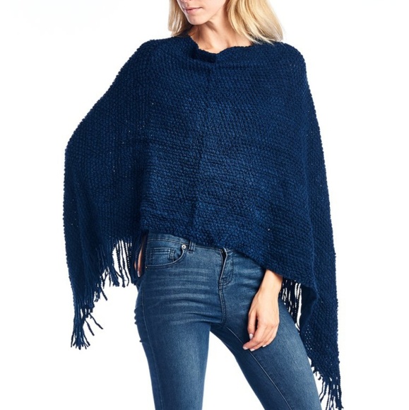 Navy Blue Pullover Fringed Poncho - Picture 1 of 3